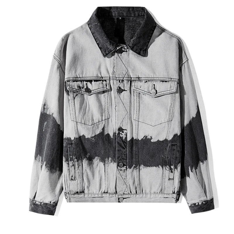 ABOORUN Fashion Men's Tie Dye Hip Hop Denim Jacket Oversized Streetwear Blue Jeans Jacket for Male R2981