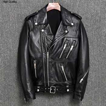 

2020 men's double zipper motorcycle leather jacket with belt balck sheepskin slim fit moto biker jacket men rivet rider coat mal
