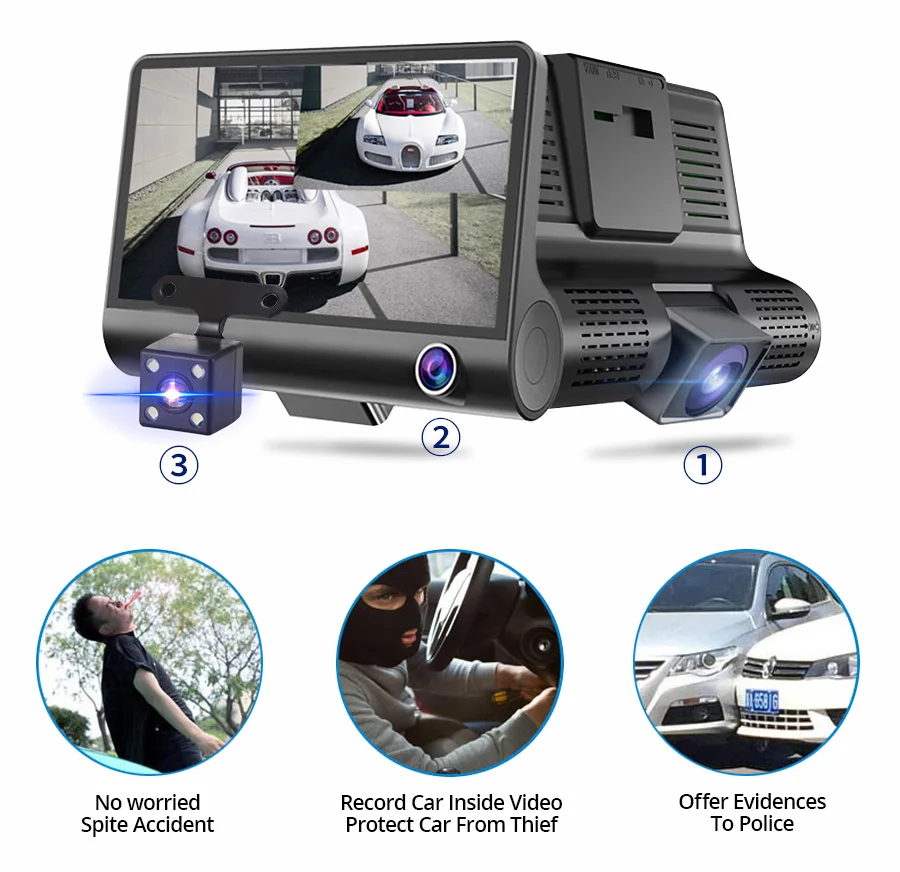 Автомобильный видеорегистратор с 3 объективами s 4,0 дюйма, видеорегистратор с двумя объективами, видеорегистратор заднего вида, Автомобильный регистратор, видеорегистратор, видеорегистратор