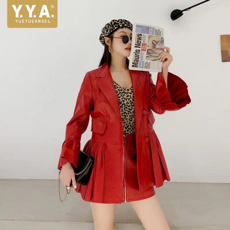High Street Womens Double Breasted Slim Fit Genuine Leather Jackets Fashion Long Flare Sleeve Pleated Sheepskin Coats Plus Size