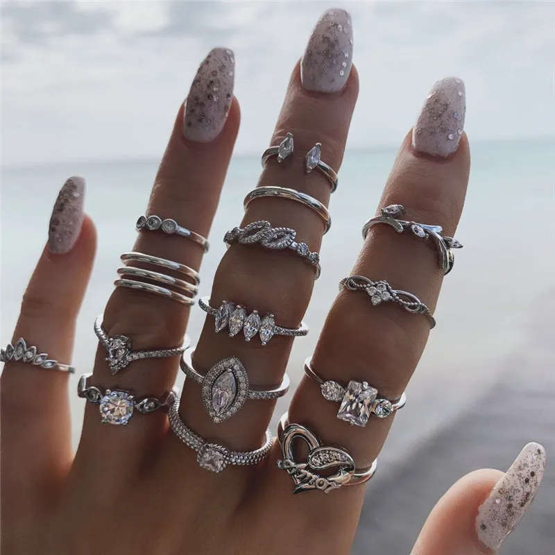 Crystal Heart Rings Set 15PCS/Set For Women Elegant Finger Rings Fashion Statement Female Jewelry Gifts finger ring,ring set