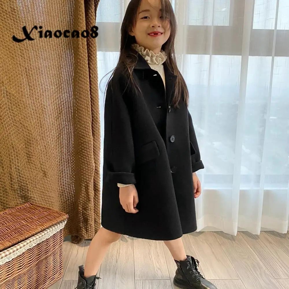 

Autumn Winter Unisex Kids Black Woolen Thick Jacket Coat 3-14Y Children Toddler Fall Clothes Outerwear Boys Girls Long Jackets