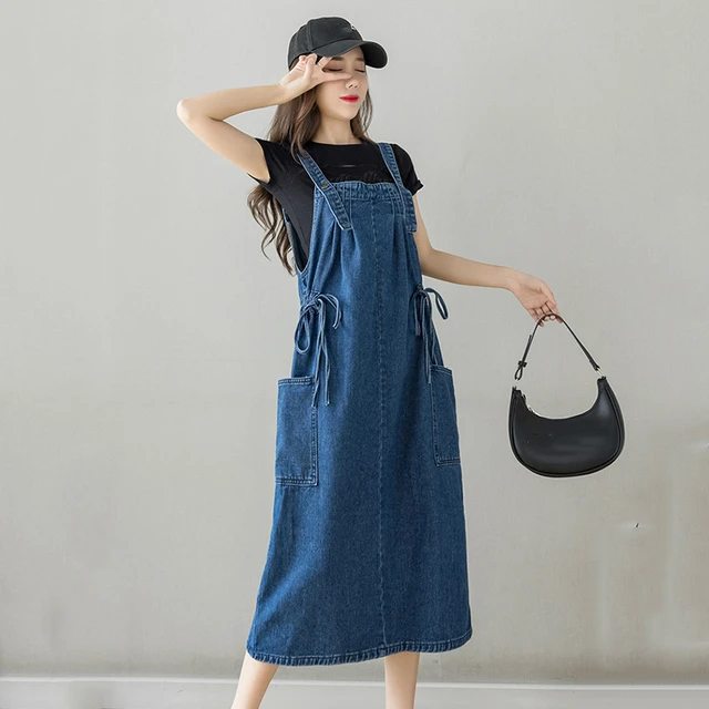 Korean Style Fashion Casual Loose Denim Dresses Women Sleeveless Spaghetti  Strap Jeans Dress Big Pockets Long