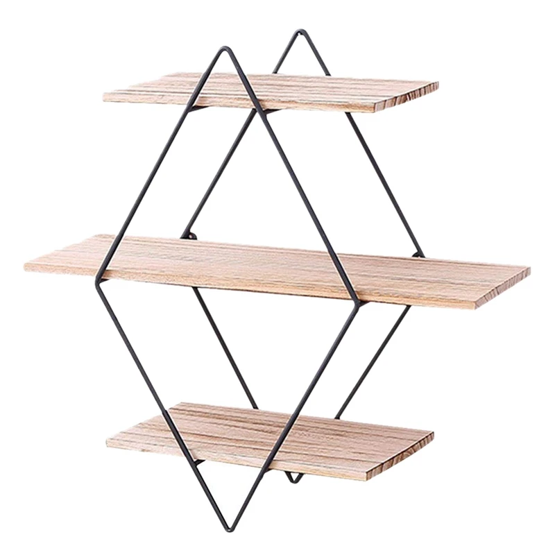 

New Antique Wood Wall Floating Storage Racks Display Stand Shelf Decorative Wall Frame 3 Layers Geometric Diamond Wall