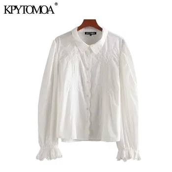 

KPYTOMOA Women 2020 Sweet Fashion Embroidery Ruffled Blouses Vintage Lapel Collar Long Sleeve Female Shirts Blusas Chic Tops