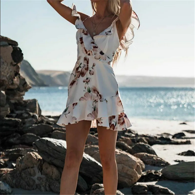 Women Summer Hot 2019 Floral Print Dress Off Shoulder Ruffles Wrap Boho Chiffon Party Sexy Ladies Holiday Beach Short Sundress | Женская