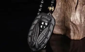 

LETSFUN Fine Jewelry Natural Obsidian Stone Hand Carved Cicada Charm Pendant Necklace Free Shipping