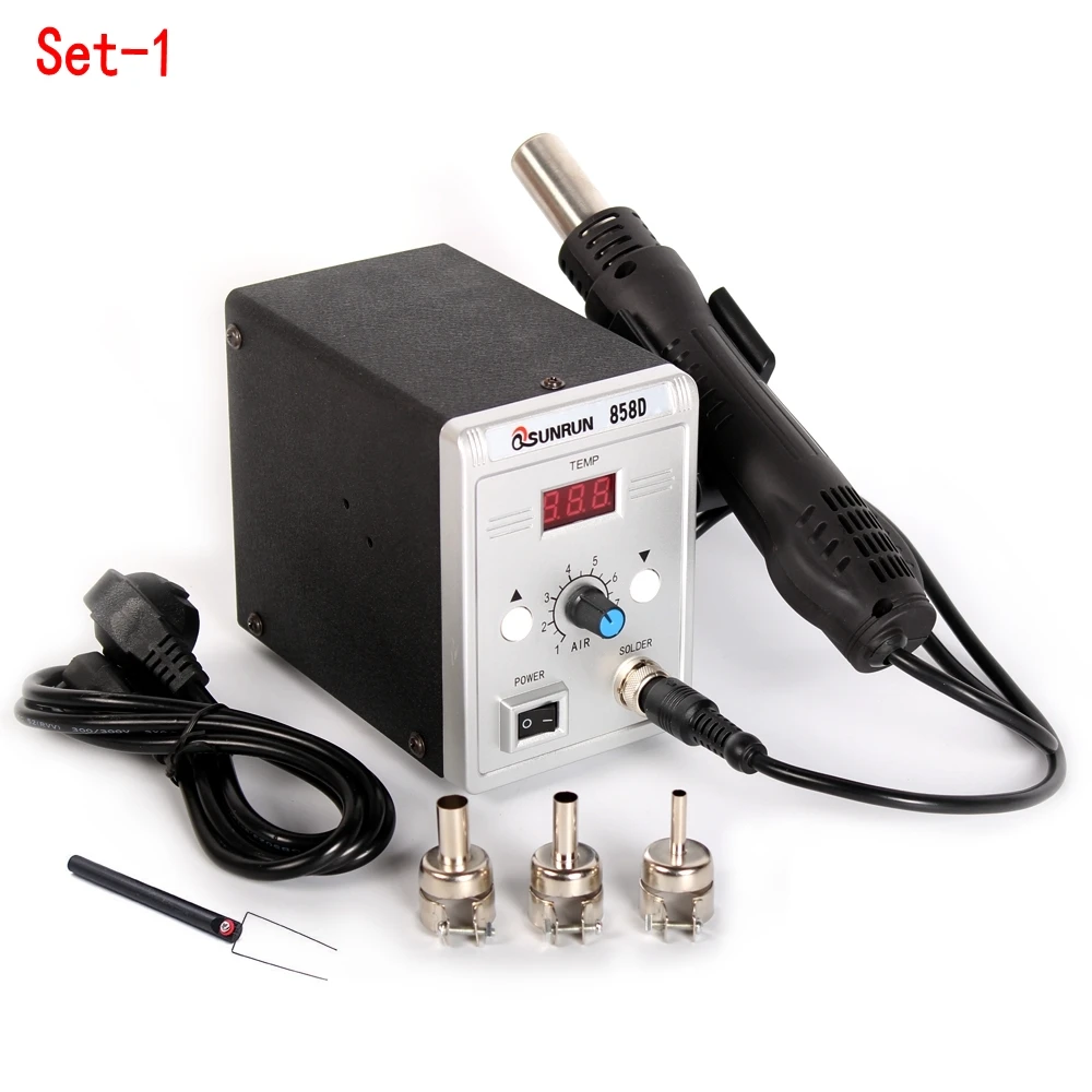 Set-1 Фена 858D паяльная станция для деталей поверхностного монтажа SMD 700 Вт 110 В/220 В Тепловая пушка для сварки ремонтных инструментов пояльник фен паяльный портативная паяльная станция bga стол для пайки светодиодов - Цвет: Set-1