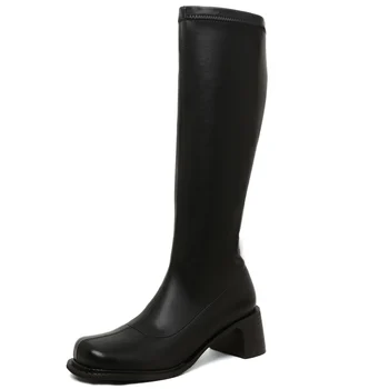 

Genuine Leather thick High Heels knee high boots Shoes For Women Platform Vintage Women'S Boots Wedding Party Shoes Woman