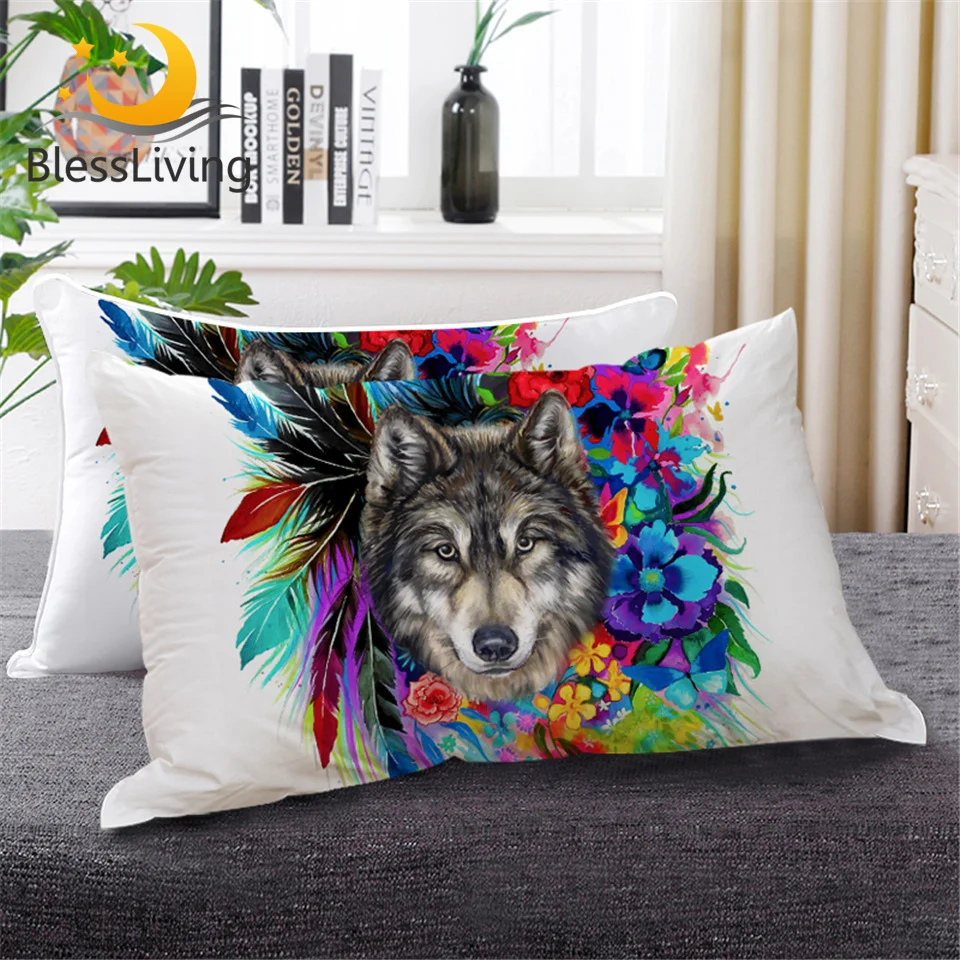 BlessLiving Floral Boho Wolf Sleeping Pillow Cool Wildlife Down Alternative Body Rainbow Flower Blossoms Bedding 1pc | Дом и сад