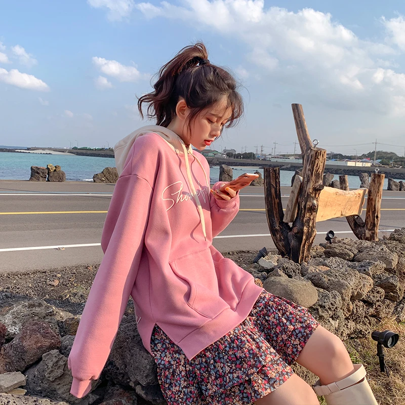  MISHOW Women Spring Causal Hooded Pullover Loose Letter Printing Long Sleeves Pocket Hoodies Tops M