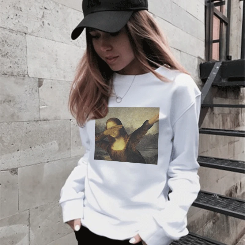2019 Spoof Mona Lisa/Повседневная неограниченная толстовка с капюшоном, пуловер с длинными рукавами и круглым вырезом, Женская толстовка