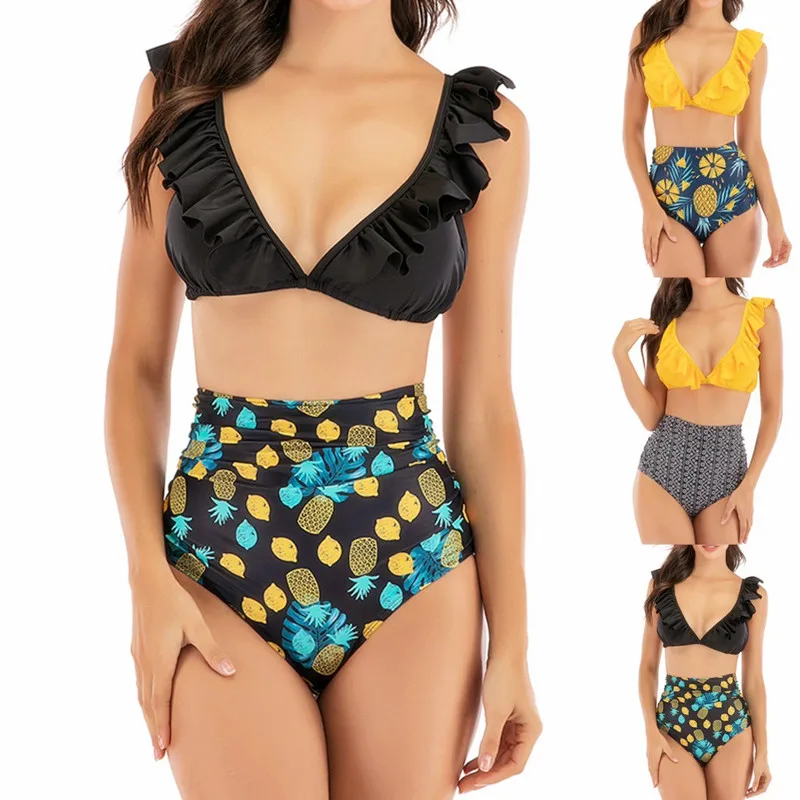 

2020 New Bikini Set High Waist Swimsuit Plus Size Swimwear Women 2 Piece Bandage Biquini Yellow Black Print Ruffle Swimming Suit