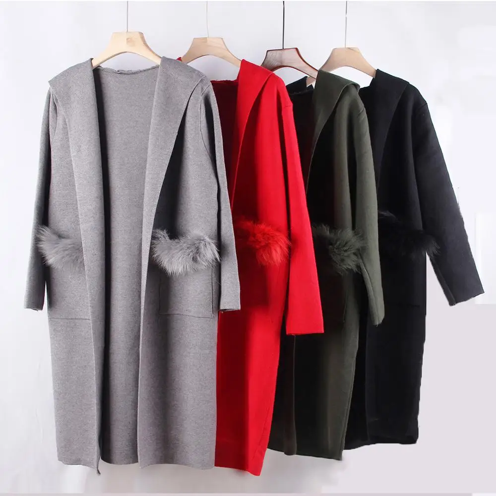 

Fox Fur Long Cardigan Women Sweater Winter Casual Autumn Long Sleeve Knitted Kimono Cardigan Hooded Female Big Loose Coat Jacket