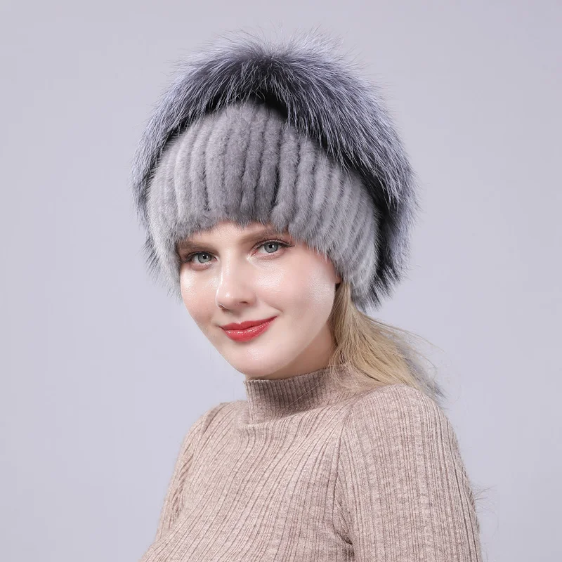 fur hat New Fashion Mink Fur Hat Lady Thick Warm Winter Grass Woven Hat Hat Ear Mink Fox Ball