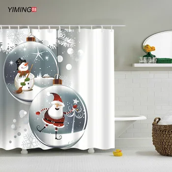 

180x200cm Bathroom Waterproof Shower Curtain Christmas Pendant Snowman Printed Polyester Washable Bathroom Screen Curtain