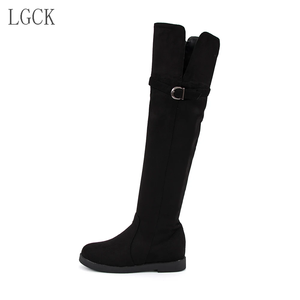 black flock Большие размеры 34-46; Модные женские зимние сапоги до бедра; однотонные женские ботфорты из искусственной кожи на плоской подошве; женские высокие сапоги с пряжкой - Цвет: black flock