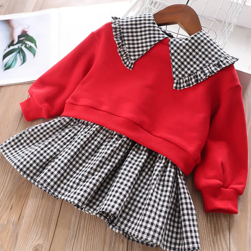 

Autumn Girl sets Square Neck Chequered Fashion dress t shirt Wholesale