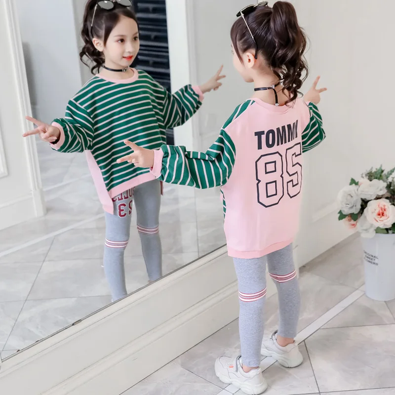 

Childrenswear GIRL'S Suit 2019 Autumn Clothing New Style Korean-style Western Style Big Boy Loose-Fit Stripes Long-sleeved Sweat