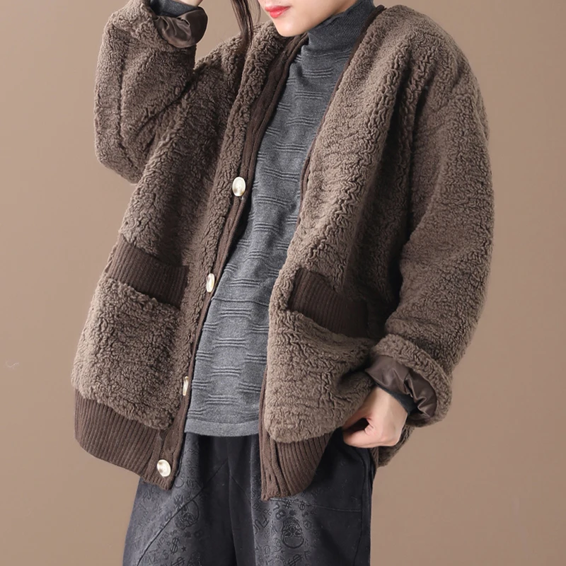 Coffee color TVVOVVIN,, зима, узор, v-образный ворот, длинный рукав, однобортный, карманы, Ретро стиль, свободный, большой размер, меховое пальто для женщин, X858 - Цвет: Coffee color