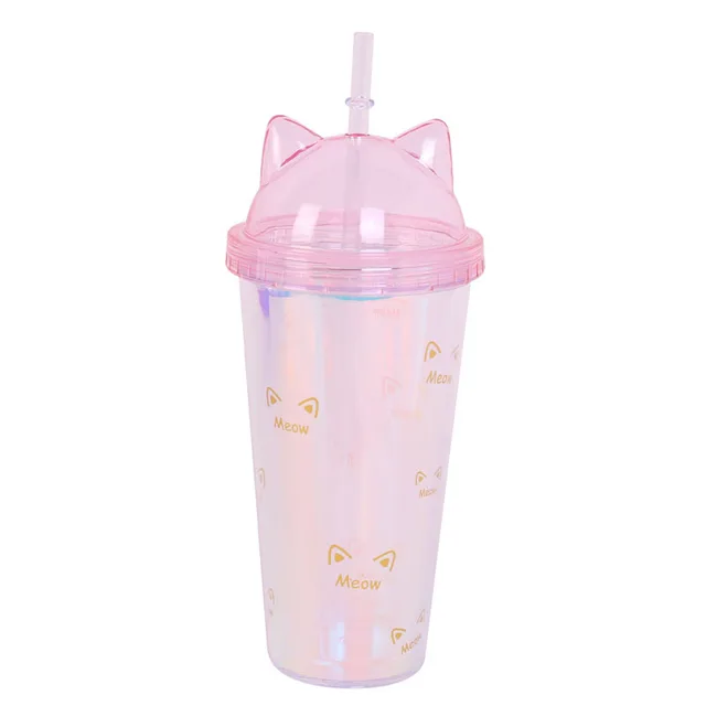 Double Layer Pipette Cup With Flash In The Shape Of Cat's Ear Candy Colors Tea Juice Coffee With Lid Straw Water Bottle Cups Kitten
