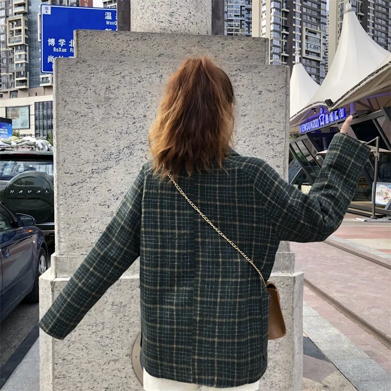 Осенняя одежда для фотосессии, новинка, Стильное женское платье, модное свободное платье средней длины с воротником, Клетчатая Шерстяная куртка с длинным рукавом Wo