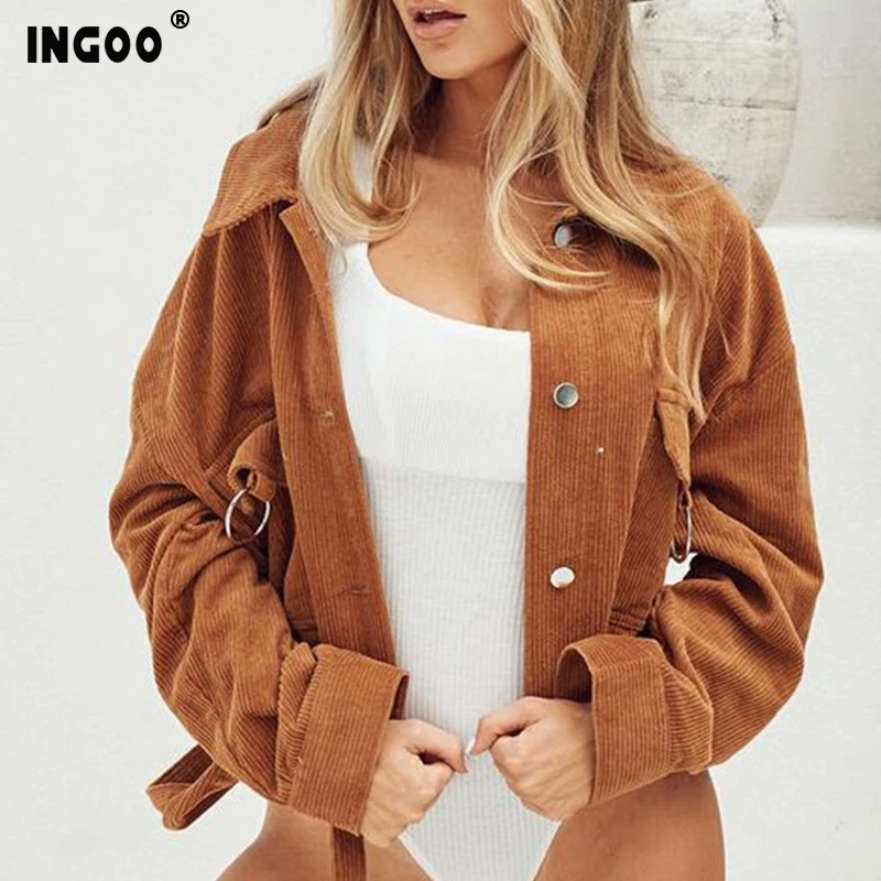 

INGOO Vintage Corduroy Women Jacket With Belt Autumn Fashion Streetwear Button Pocket Loose Coats Long Sleeve Short Coat Female