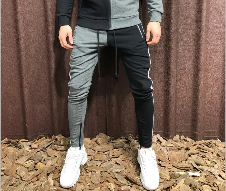 grey pant Высококачественные мужские комплекты модная Осенняя Лоскутная куртка спортивный костюм толстовки+ спортивные штаны комплекты из 2 предметов облегающая спортивная одежда - Цвет: grey pant