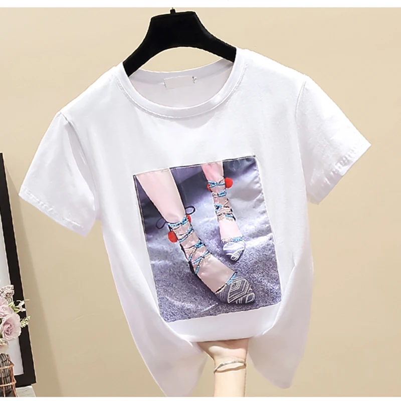 

Korea White T Shirt Women Clothes O-Neck Summer Short Sleeve Appliques Vintage Beading TShirt Tops Casual Black Tee Shirt Femme