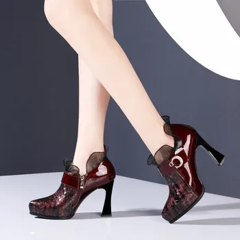 

platform sexy high-heeled shoes spring 2020 leather pointy all-around fashion thick heel deep mouth single shoe woman