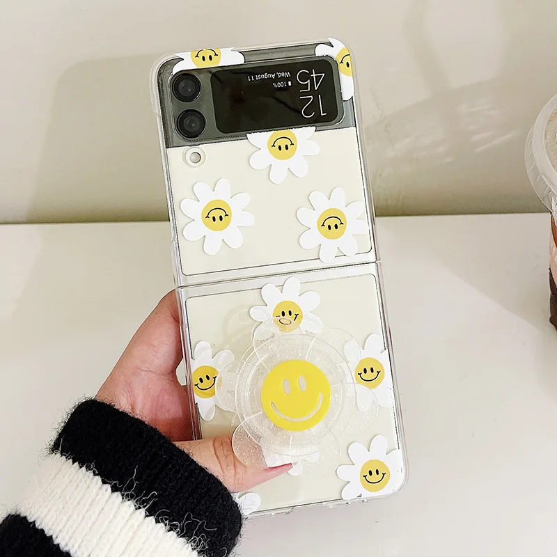 Beautiful Sunflower Phone Case For Samsung Galaxy Z Flip 3 Cute Smile Holder Clear Hard PC Cover Case For Samsung Z Flip3 Zflip3 kawaii samsung phone cases Cases For Samsung