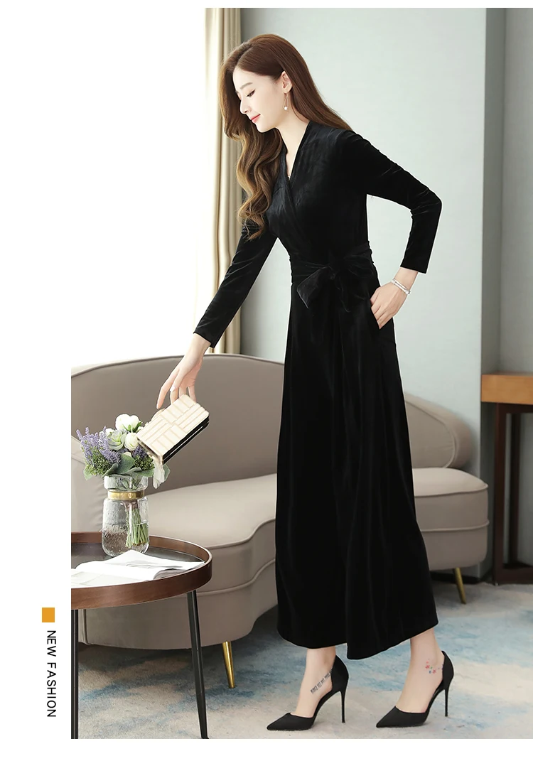 long sleeve velvet jumpsuit women winter Runway elegant black V Neck plus size wide leg sashes maxi floor length romper