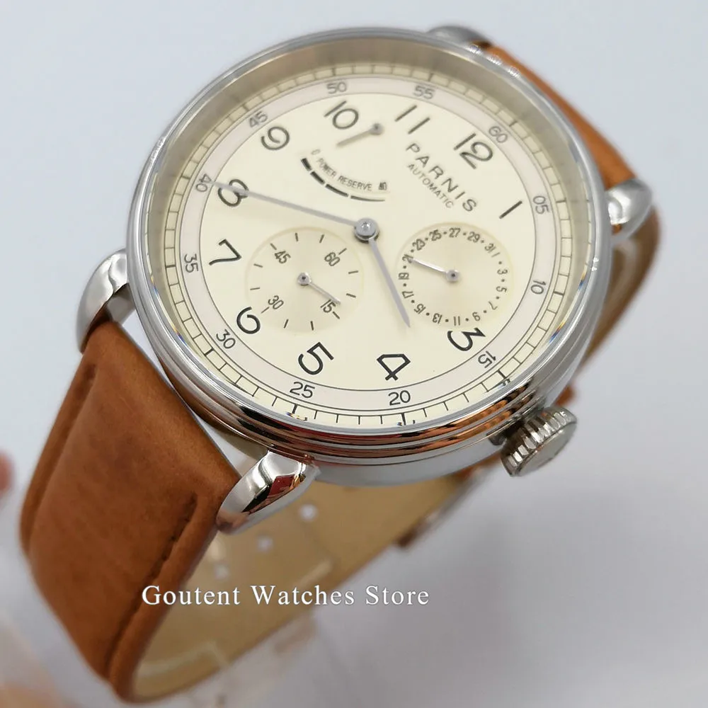 Мужские часы 42 мм PARNIS бежевый циферблат часы Классический индикатор запаса мощности автоматические мужские часы