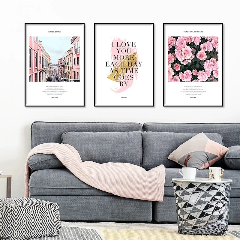 

Pink Rose Nordic Romantic Small Town Landscape Canvas Painting Modern Wall Art Prints and Posters Living Room Home Decoration