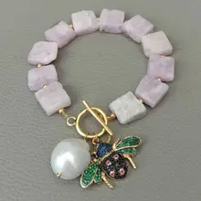 8 ''натуральный квадрат розовый браслет из кунцита белый Кеши жемчуг Cz насекомых Шарм