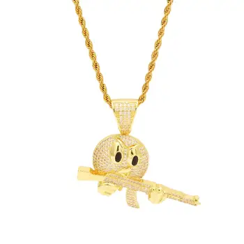 

Cartoon Round Face With Gun Necklace & Pendant Chain Charm Gold Color Cubic Zircon Men Hip Hop Rock Jewelry for Gift