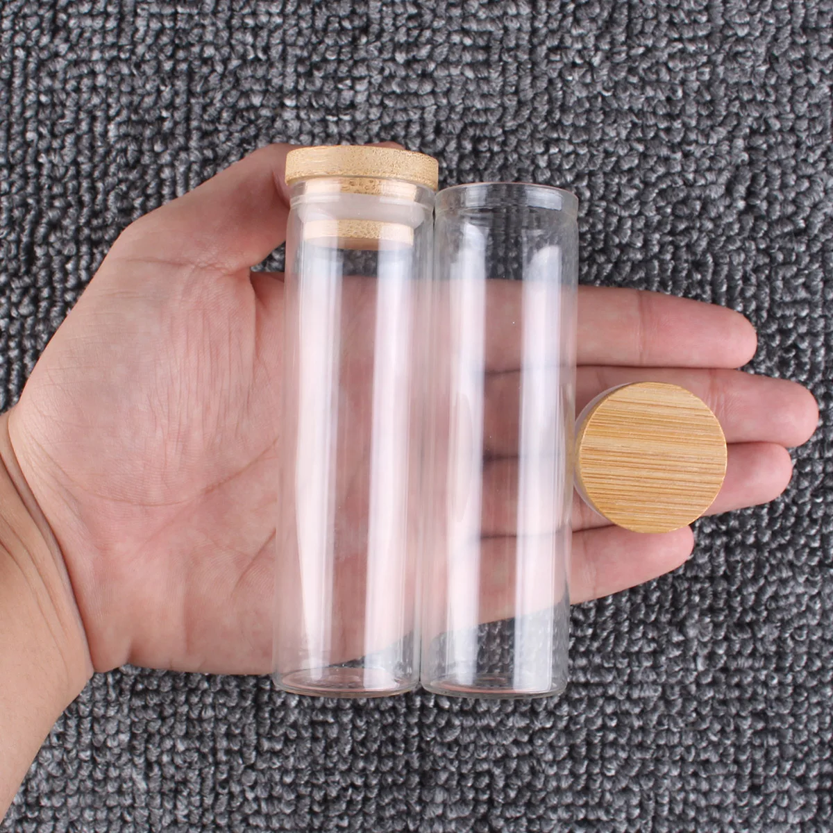 12pcs 50ml 30*100mm Clear Glass Bottles Jar Vials with Bamboo Lids Spice Pill Container for Wedding Favors 3