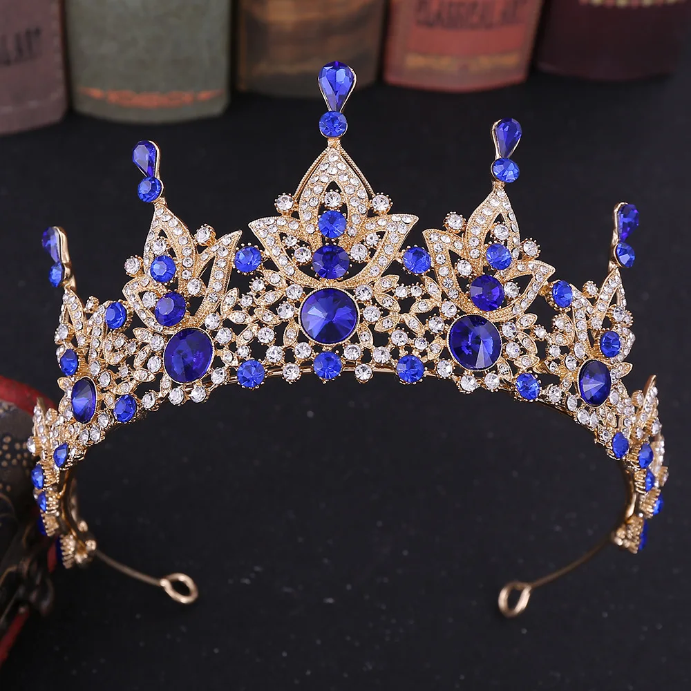 Gold Blue Барокко Винтаж бронзовый кристалл свадебные диадемы Короны Принцесса Королева театрализованный Выпускной Вуаль со стразами тиара свадебные аксессуары для волос - Окраска металла: Gold Blue