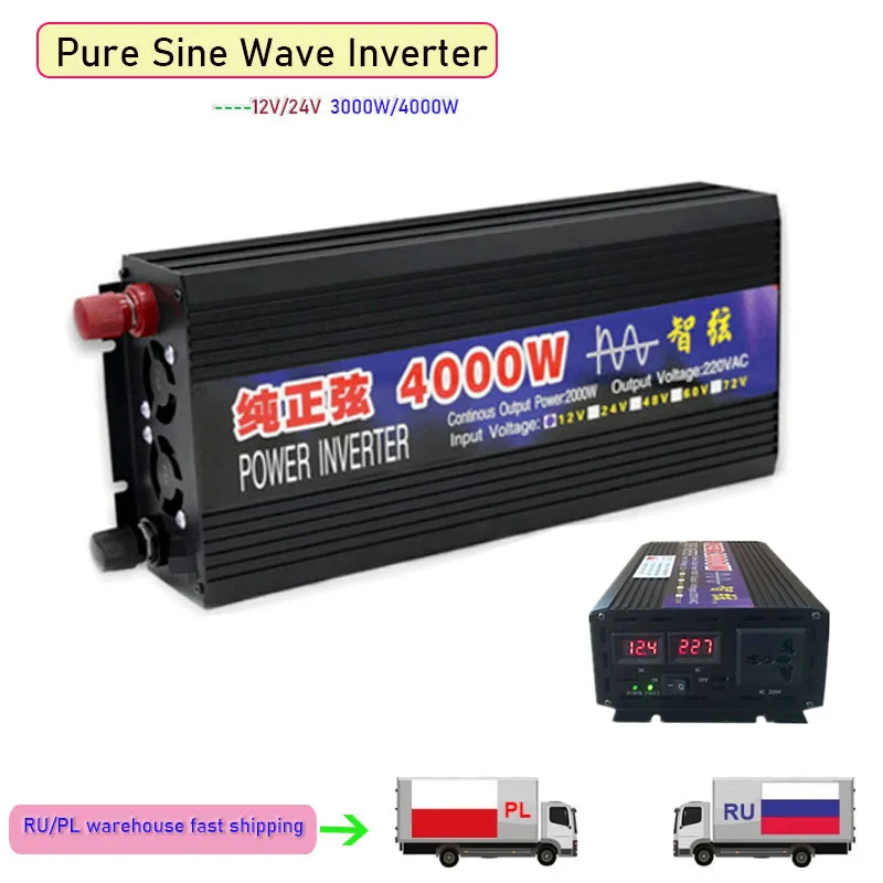 Pure Sine Wave Inverter Power 3000w 4000w DC 12v 24v to AC 220v Car Inverter Converte WITH LED Display frequency converter