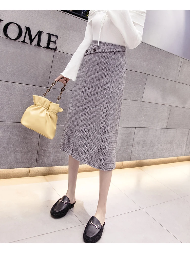 Winter New Midi Plaid Woolen Skirts Women Fashion A-Line Skirts Ladies Streetwear Plus Size High Waist skirt