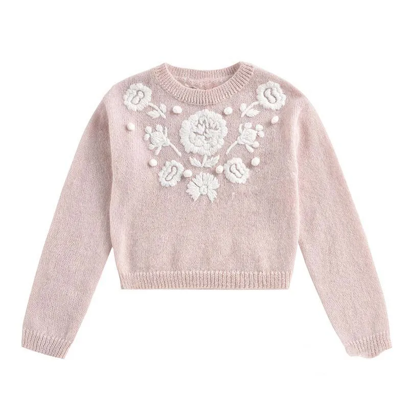 

Kids Baby Girls Fall Winter Pullover Sweater Flower Embroidery Pattern Off Shoulder Long Sleeve Crew Neck Knit Soft Tops 1-10Y