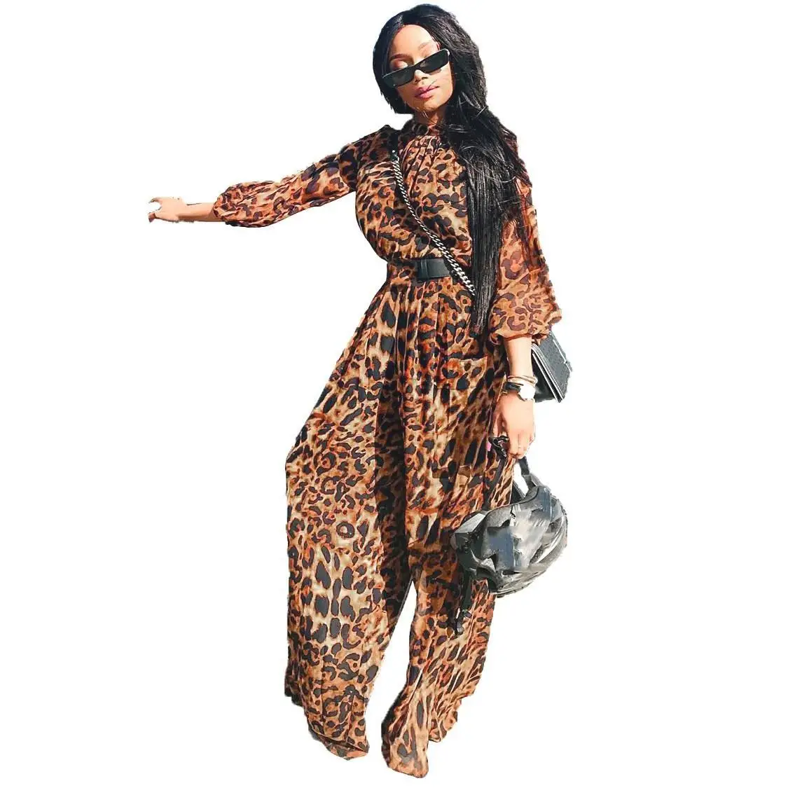 Holiday Turtleneck Sexy Leopard Print Jumpsuits Women Full Sleeve Elastic Braid Chiffon Long Jumpsuits