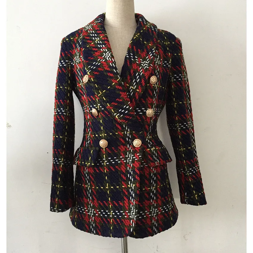 Шикарное женское двубортное твидовое пальто осень зима пуговицы клетчатые куртки пальто D711
