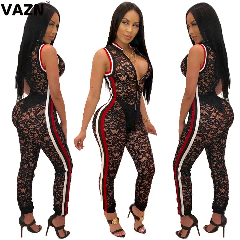 VAZN GLO16097 new black fashion women jumpsuit V-neck sleeveless long pant jumpsuits sexy club bandage wind rompers