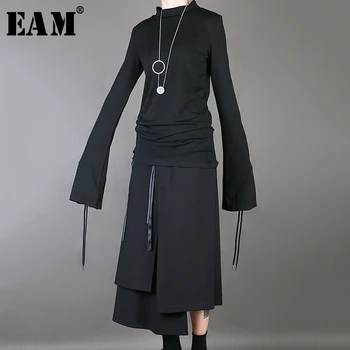 

[EAM] 2020 New Sping Autumn Stand Collar Long Sleeve Black Ribbon Split Joint Brief Loose T-shirt Women Fashion Tide JS857