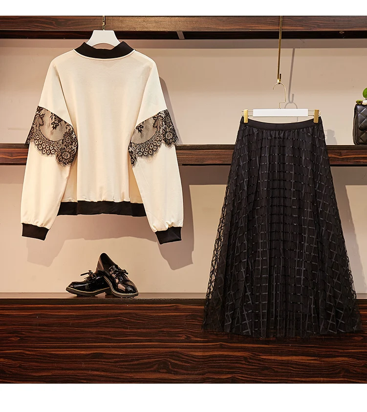 Большие размеры Трикотаж костюм женский свитер юбка костюмы пуловер+ сетчатая юбка комплект из двух предметов женский осенне-зимний теплый костюм большой 4XL