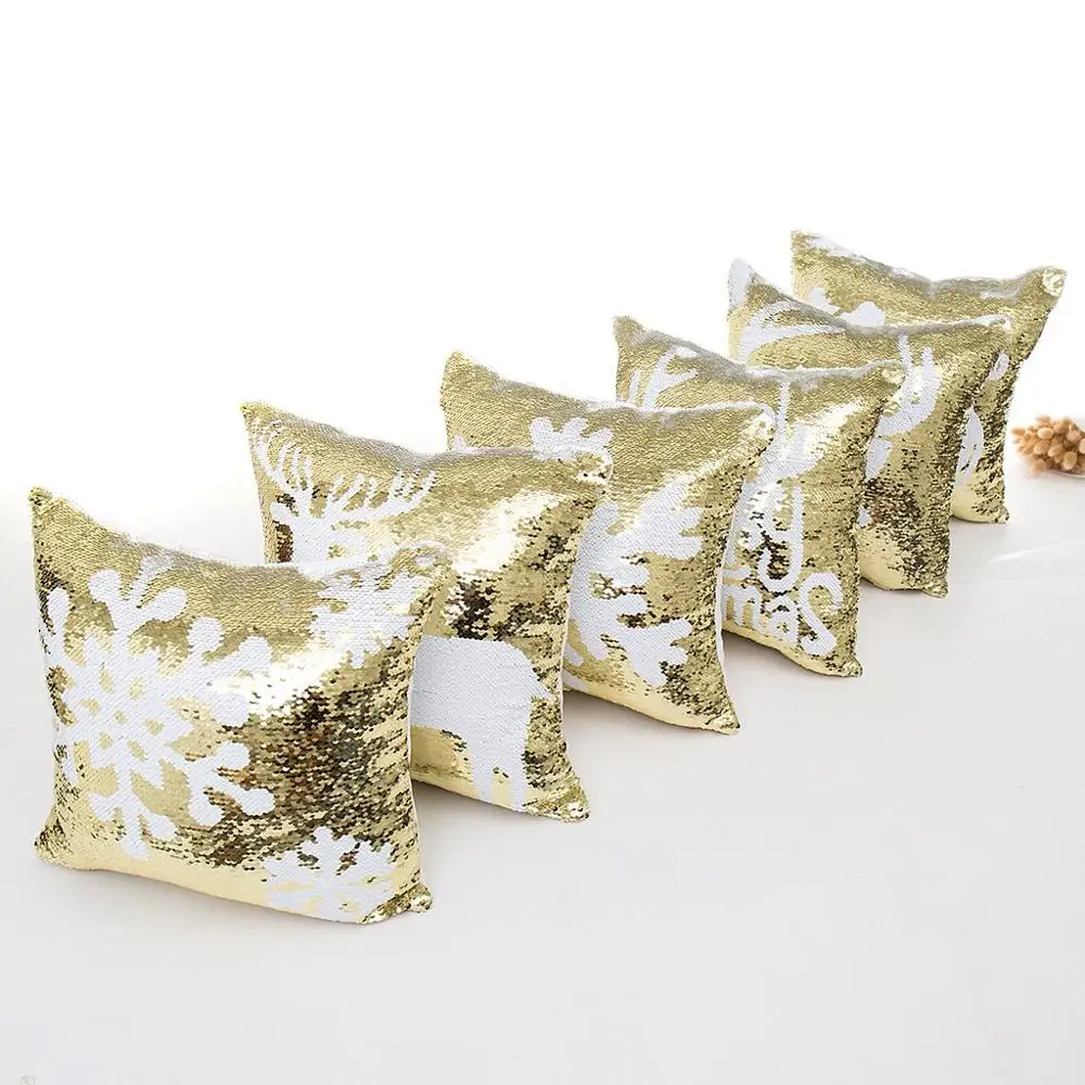 Pillow case 45* 45 White& Gold Christmas Snowflake Sleigh Deer Double Sequin Pillowcase Christmas Decoration Square Pillowcase