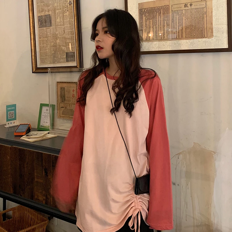 Moda feminina Женская одежда с круглым вырезом в стиле пэчворк, простые футболки с длинным рукавом, складные повседневные стильные футболки, весенне-осенние новые женские футболки