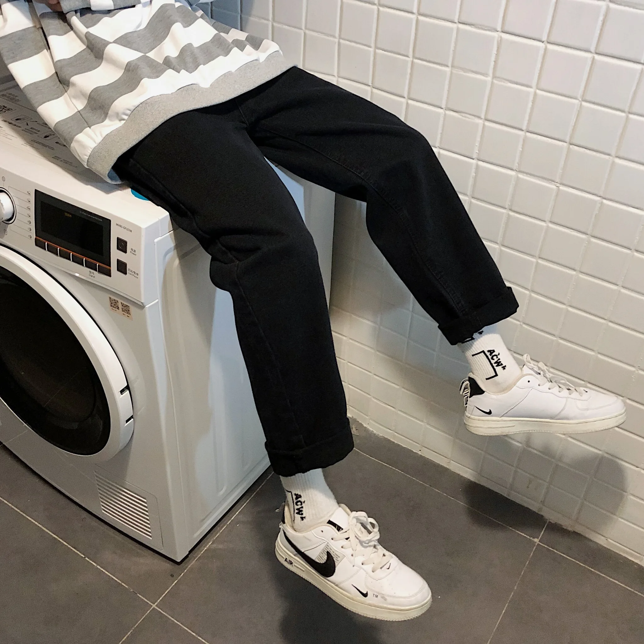 Men's Fashion Casual Pants Pure Color Black Stretch Slim Fit Cargo Pocket Jeans Male Biker Denim Trousers Big Size S-3XL