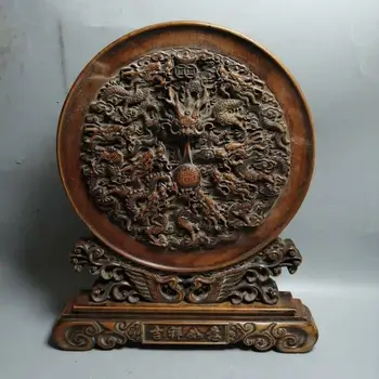 

wedding decoration A Old Chinese Boxwood wood Hand carved Dragon Beads phoenix Screen Byobu Statue